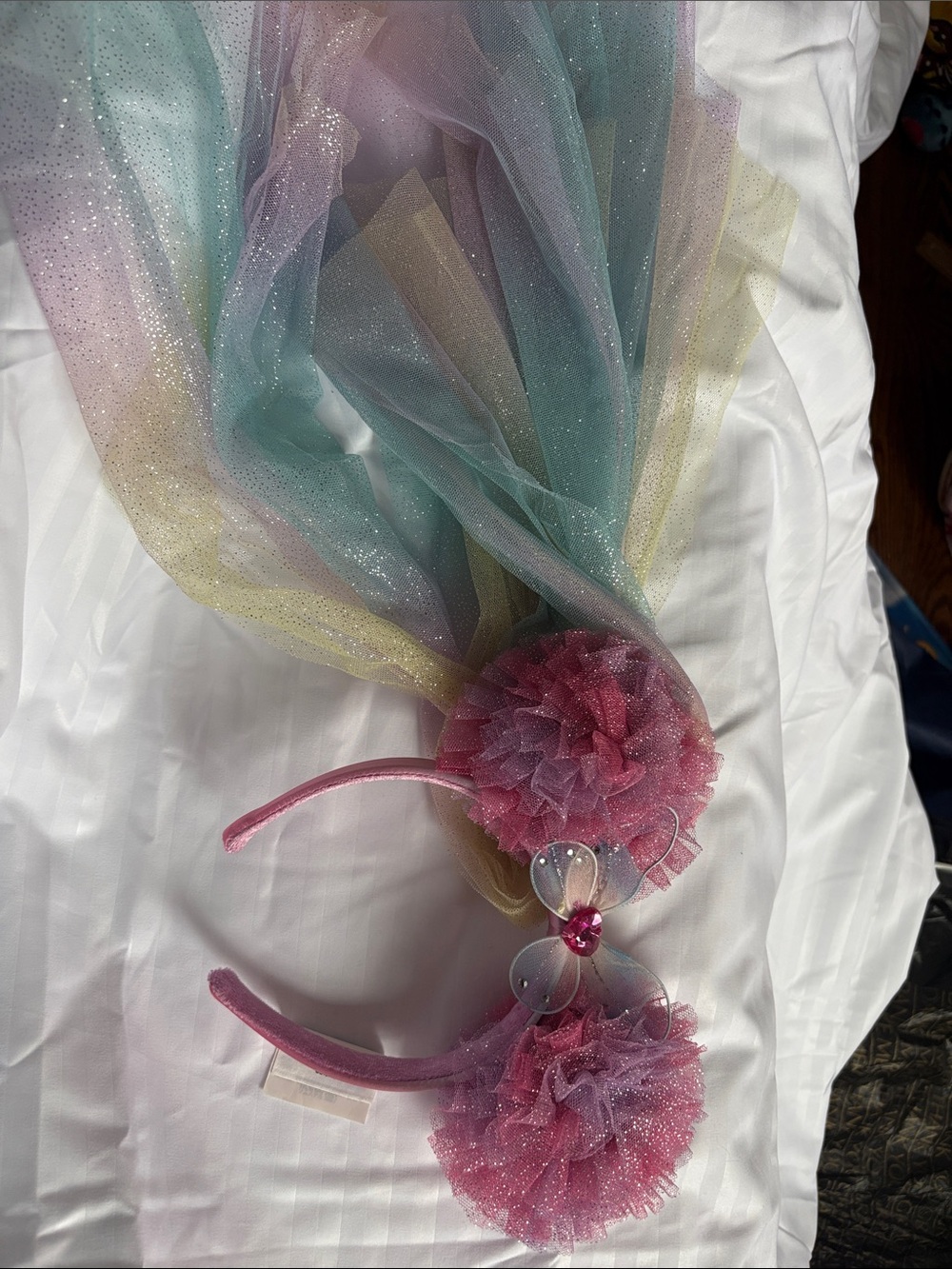 Disney Pink Pom Headband with Pastel Rainbow Tulle Veil
